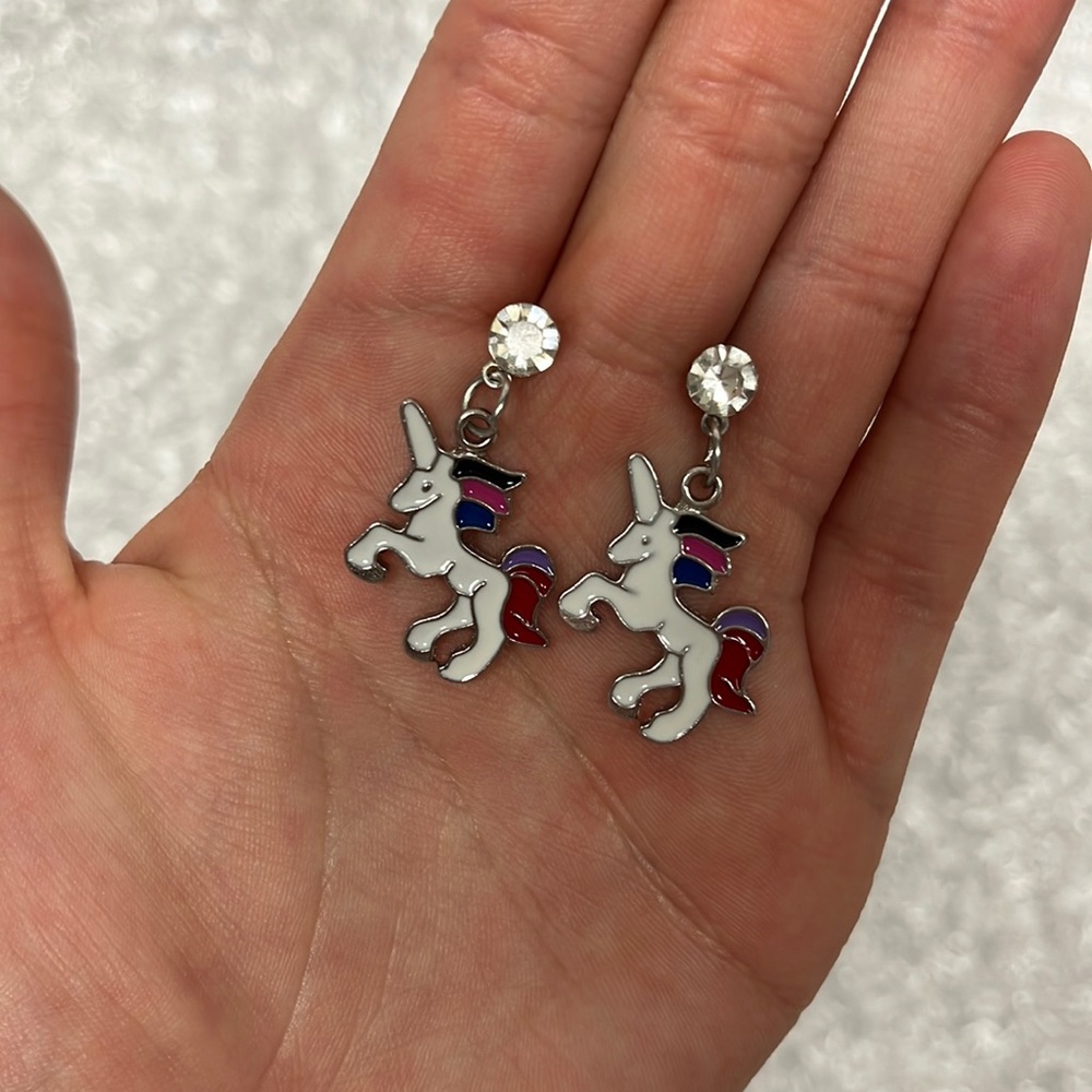 Unicorn enamel rhinestone embellished dangle whimsical earrings - Picture 4 of 6